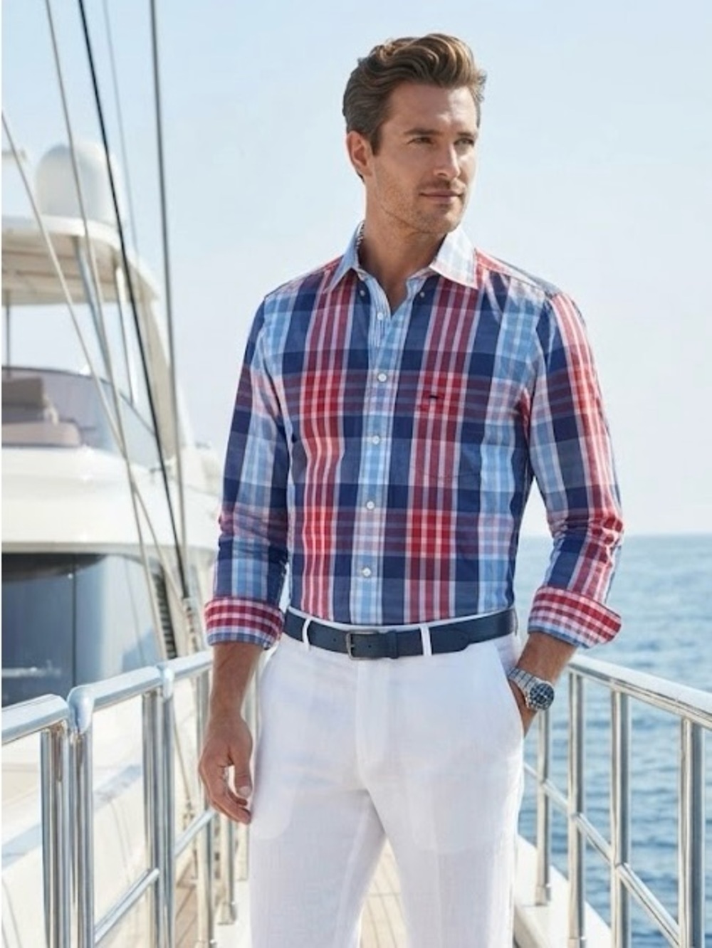 Paul & Shark Yachting Italy Red White Blue Plaid Button-Down Shirt Nautical Chic
